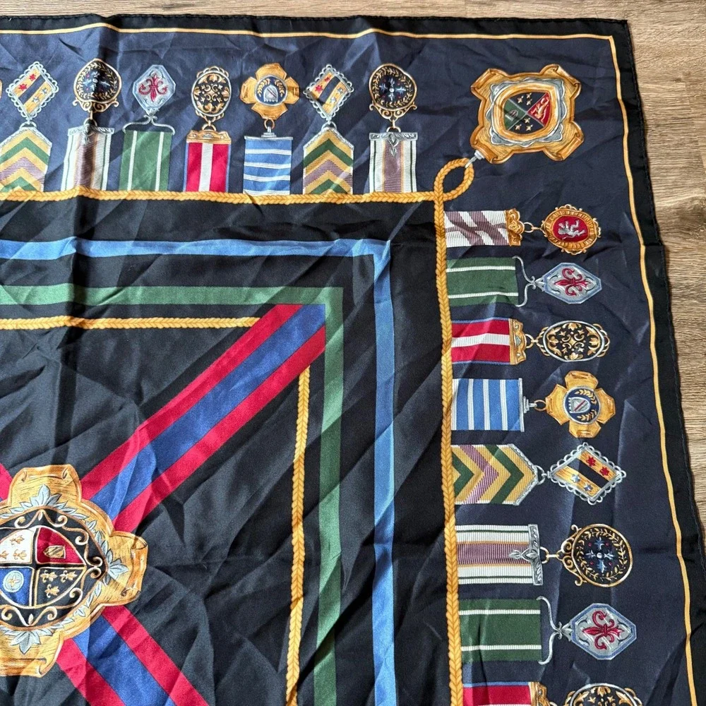 Talbots Silk Scarf Medals Military Honor XL Square | Black Multicolor | 36 x 36
